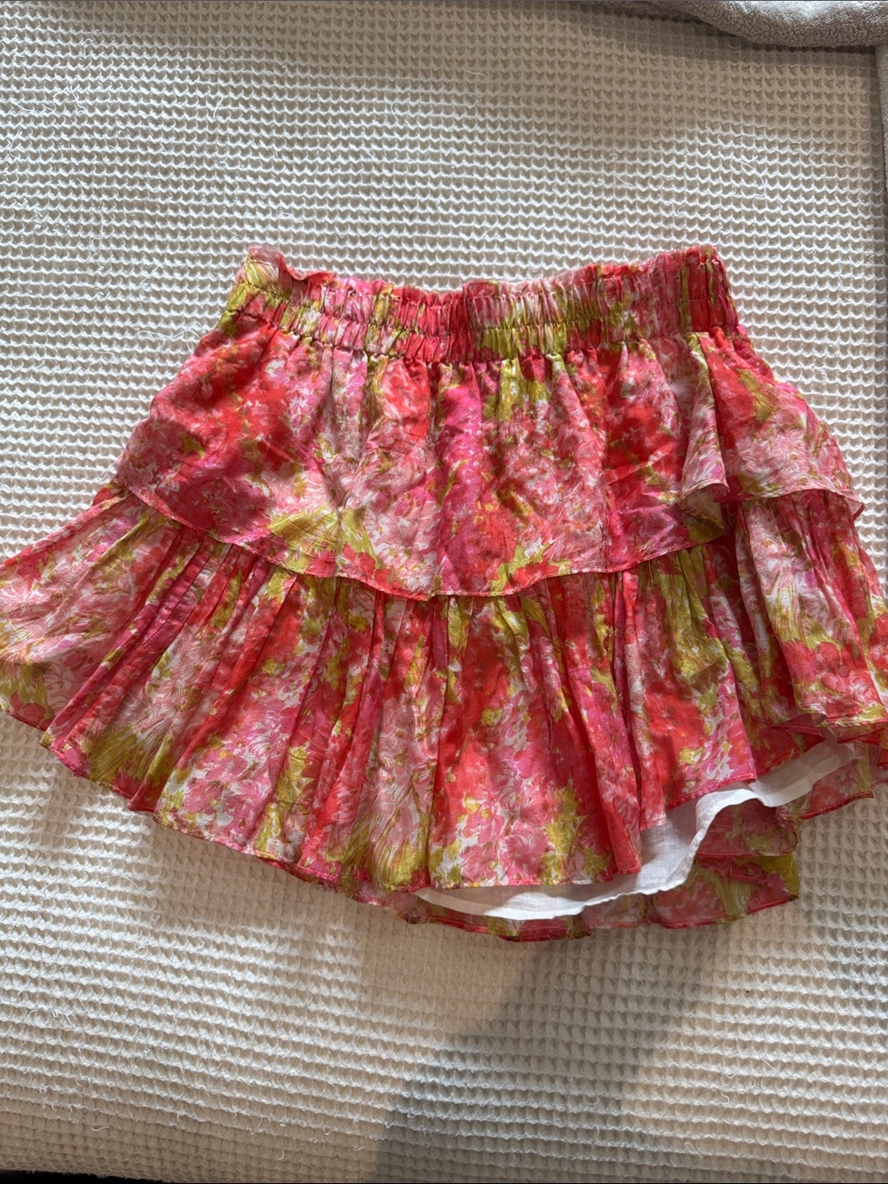 LoveShackFancy Pink and Green Floral Tiered Skirt